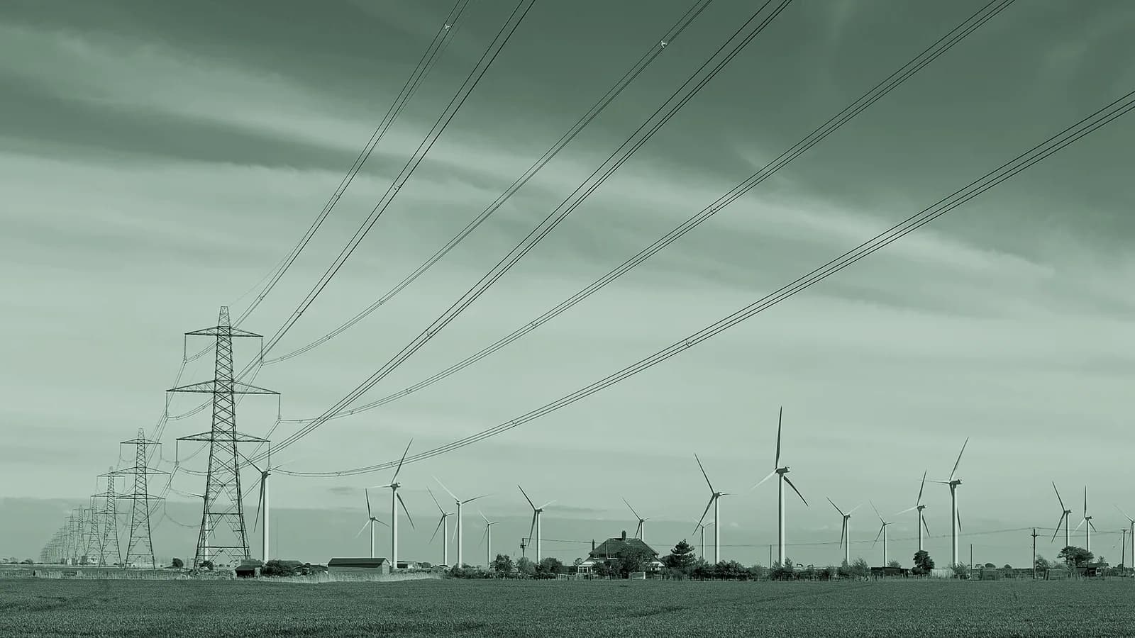 Wind turbines and transmission lines beneath a cloudy sky.
