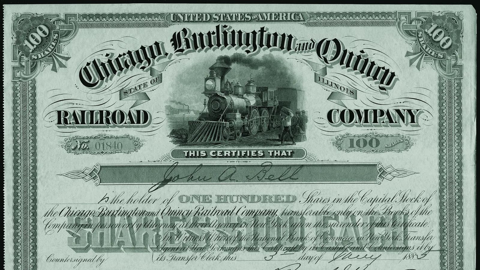 An illustrated nineteenth-century railroad stock certificate.